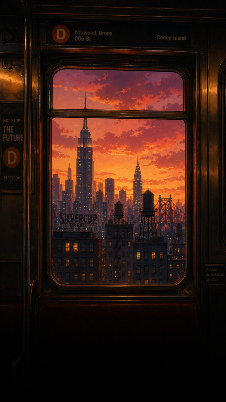 New York City skyline view from a subway window